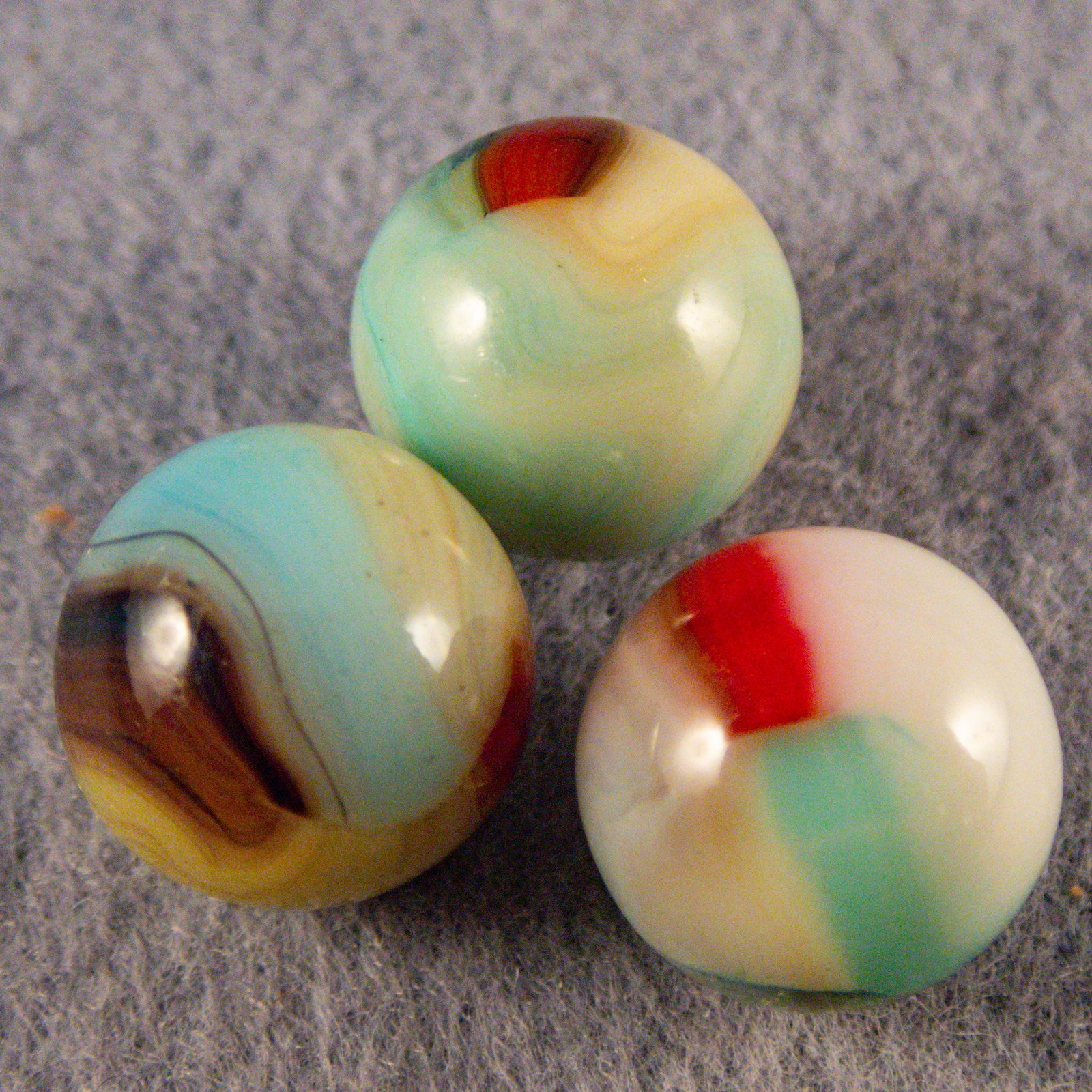 Marbles. VITRO AGATE COMPANY, Aquamarine. 3 marbles. (1 of 2)