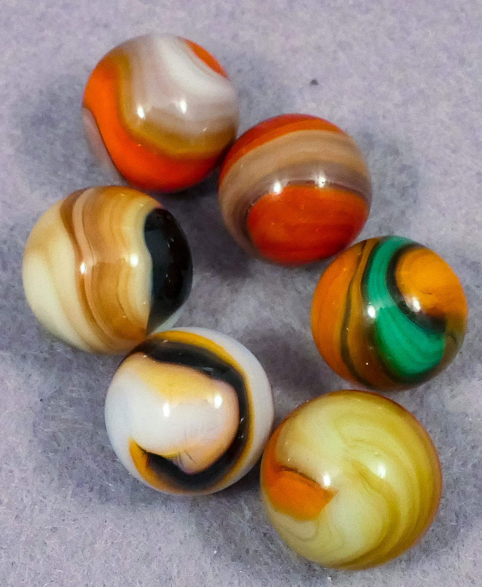 Marbles: AKRO AGATE COMPANY, Corkscrew. 6 tricolor marbles. (1 of 4)