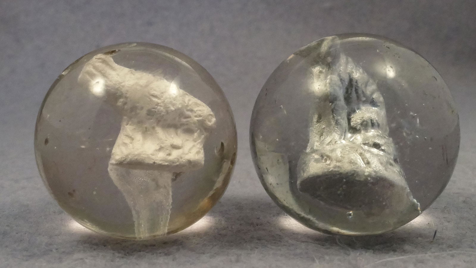 Marbles: SULPHIDE. 2 marbles. Bird, Dog. (1 of 2)