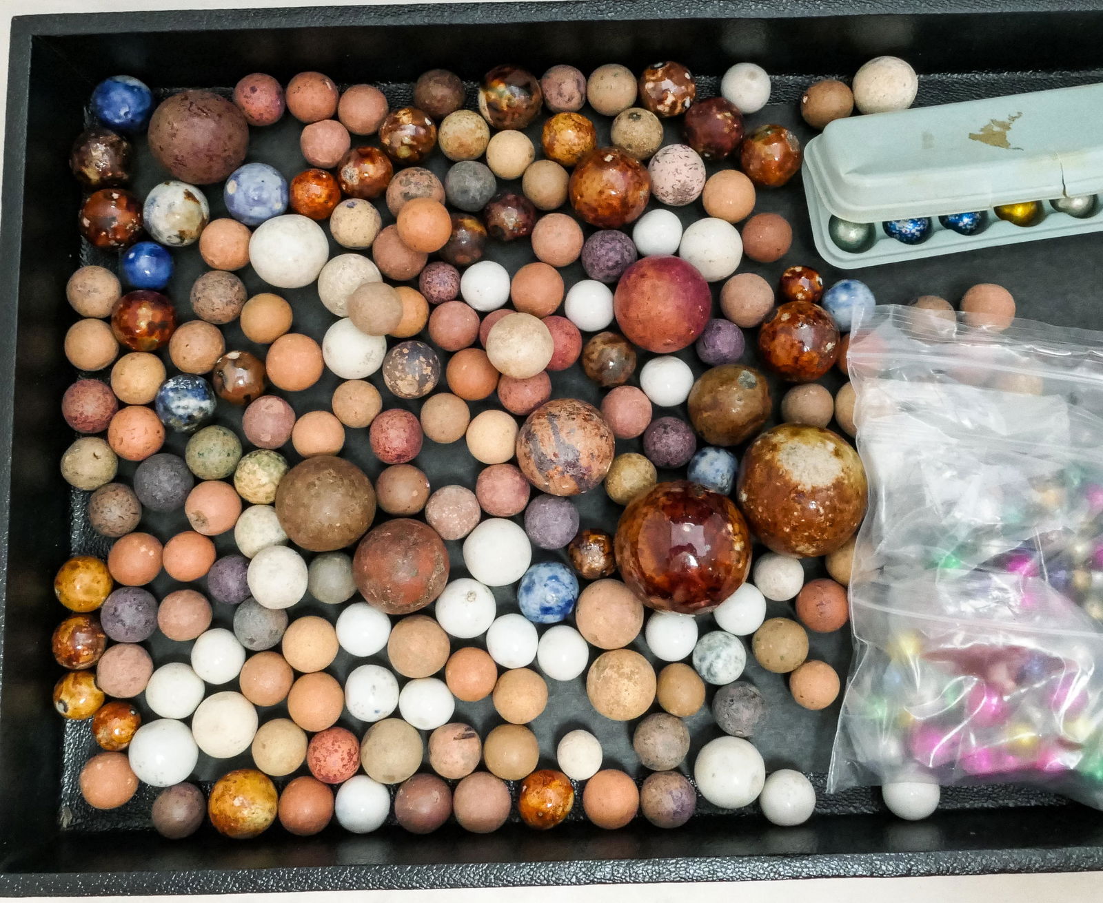 Marbles: NON-GLASS HANDMADE, Assorted. About 125 marbles. (1 of 7)