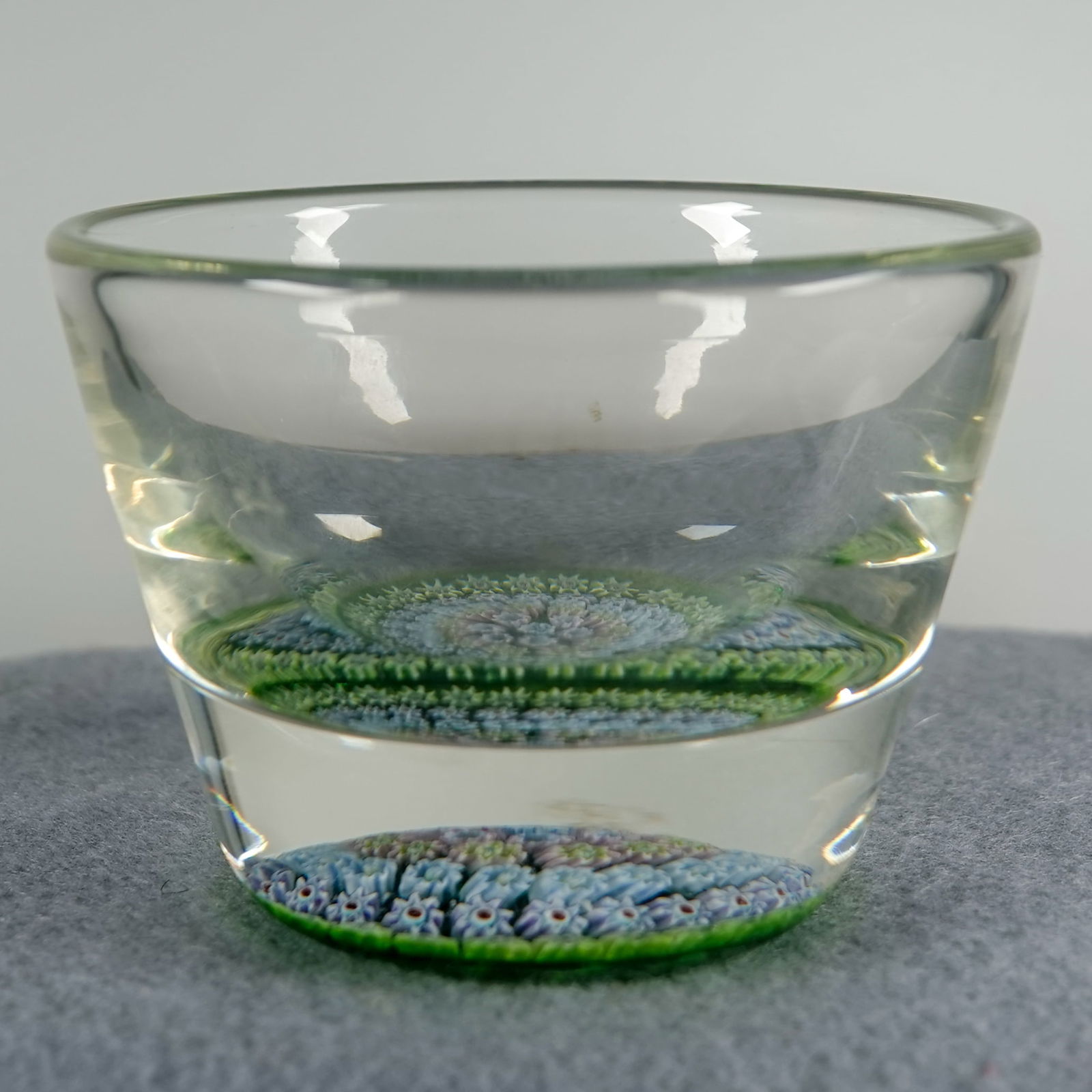 PAPERWEIGHT, Perthshire Paperweights. PP29 Sugar Bowl: PAPERWEIGHT, Perthshire Paperweights. A PP29 glass sugar bowl with millefiori base. Beautiful general line design. Scotland, circa 1975. 3-1/4" wide, 2-3/8" tall. Mint.