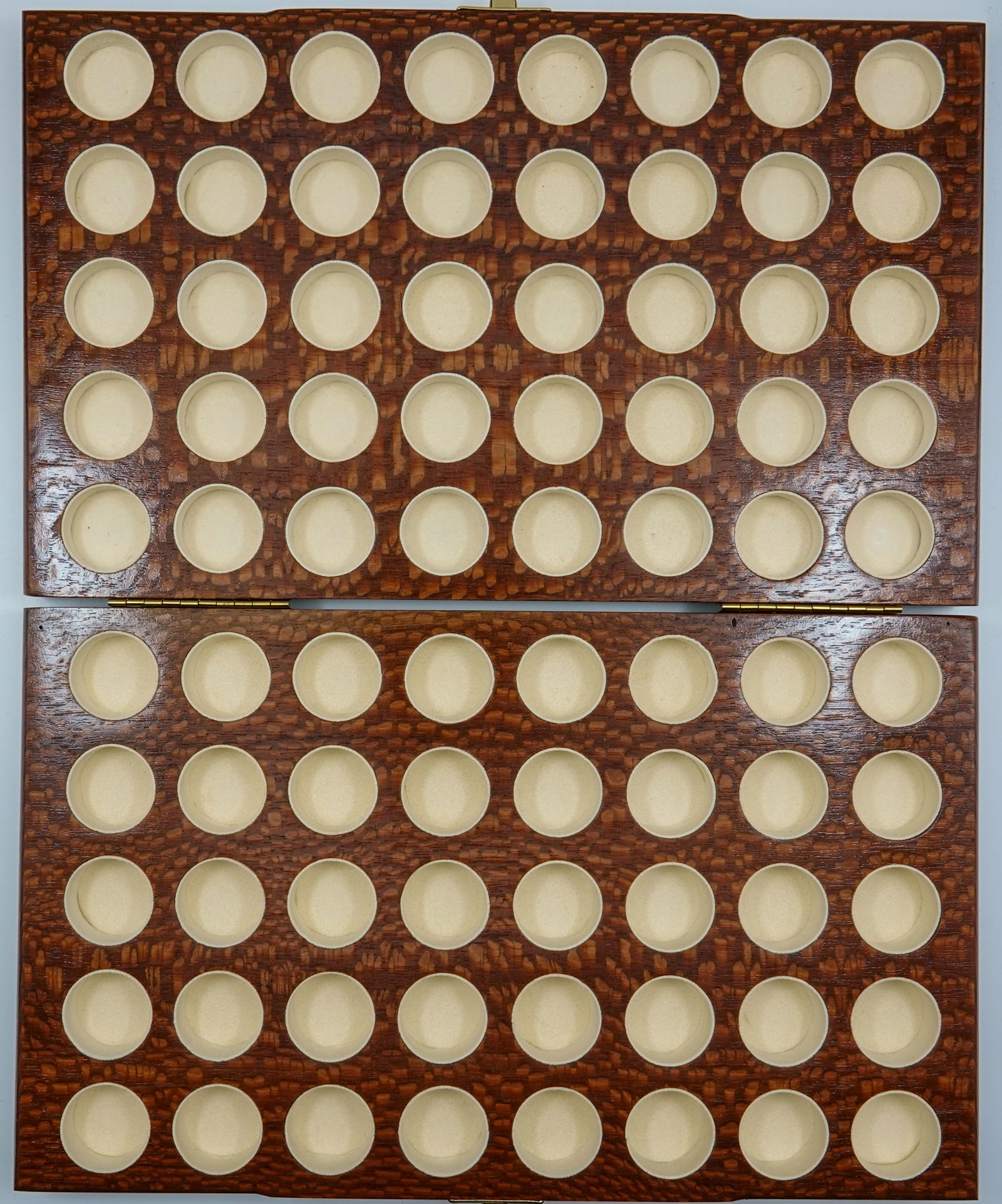 MISCELLANEOUS, Display Box. Wood Box.: MISCELLANEOUS, Display Box. Wood display box. Synthetic leather lined holes for forty marbles up to 7/8". Wood is Leopardwood. 10-1/2" x 6-1/2" closed. Very nice.