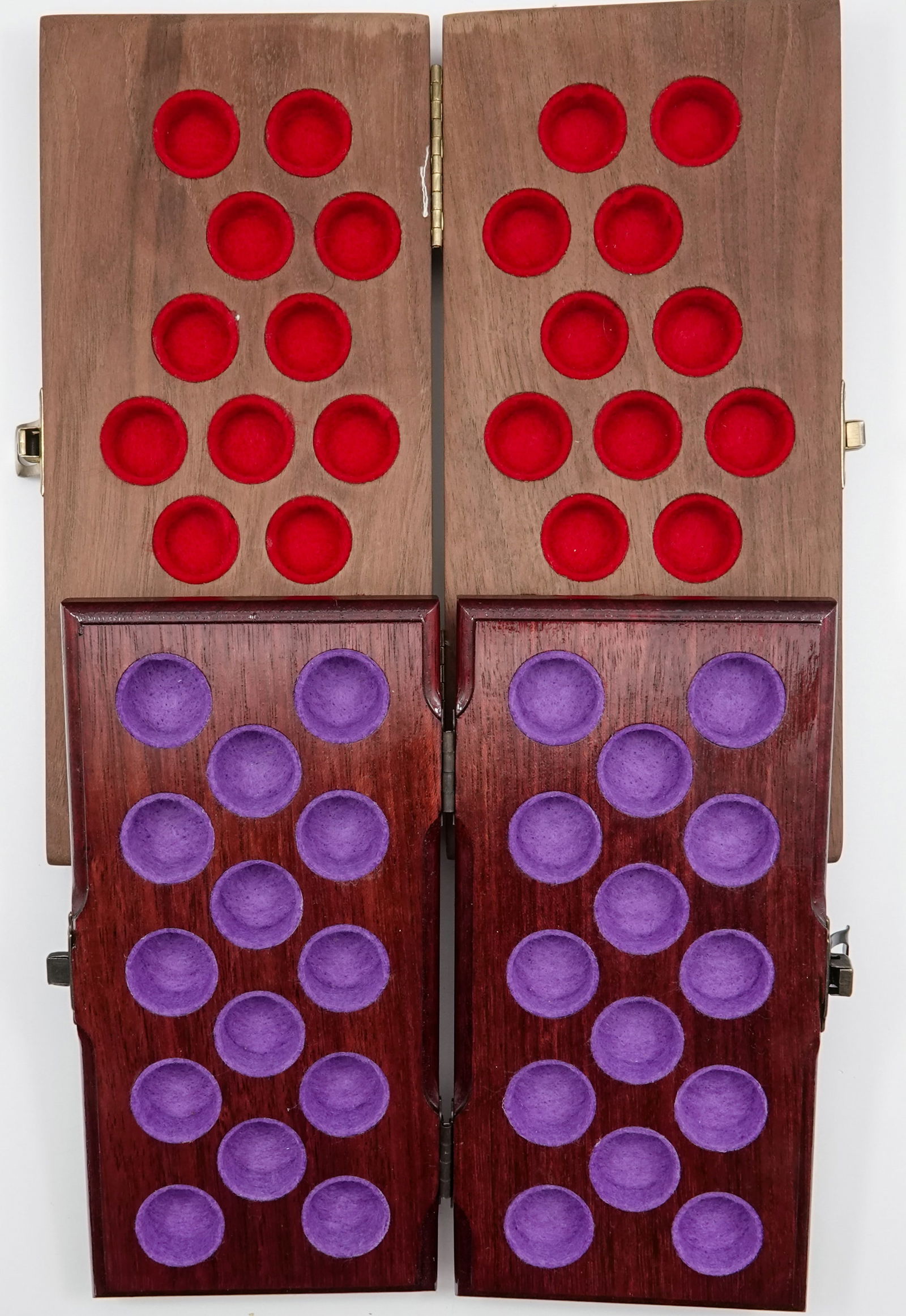 MISCELLANEOUS, Display Box. 2 Wood Boxes.: MISCELLANEOUS, Display Box. Lot of two boxes. Both are wood with felt lined holes. One appears to be walnut, the other might be pine. First has fourteen felt lined holes for marbles up to 3/4". 8-3/8"