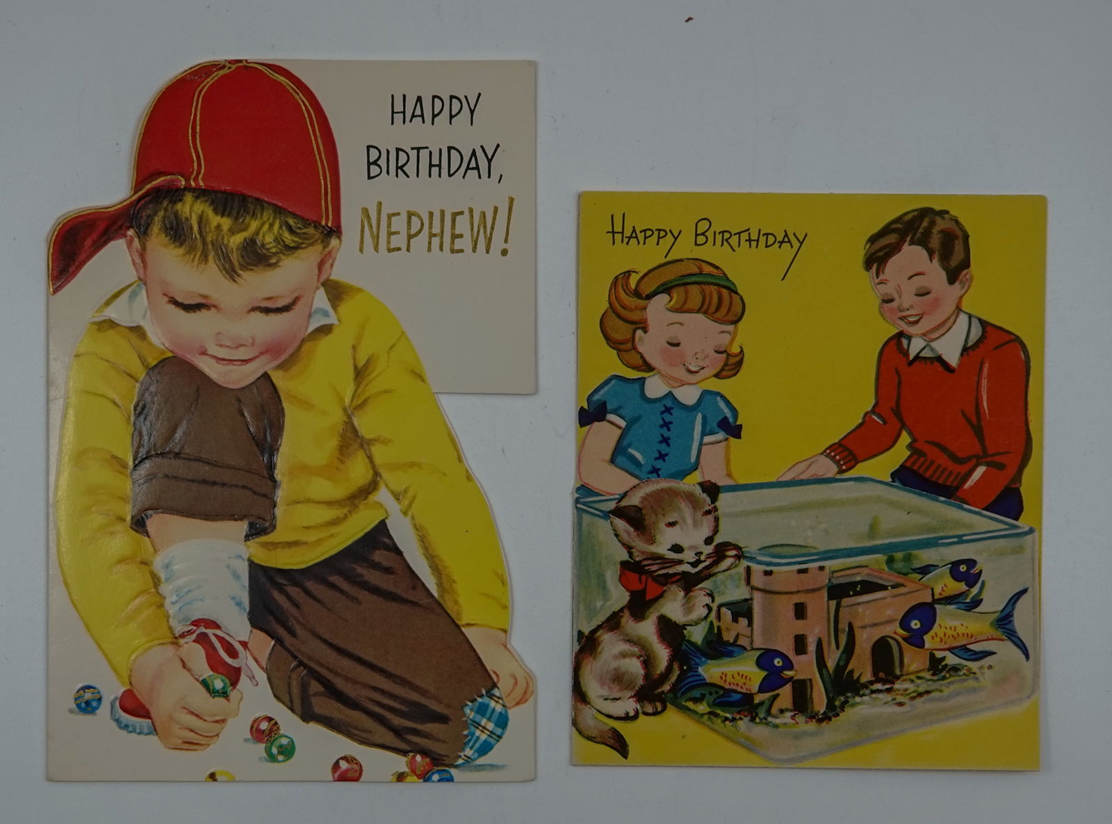 MISCELLANEOUS, Greeting Card. 2 birthday cards.: MISCELLANEOUS, Greeting Card. Lot of two items. Both are birthday cards depicting children playing marbles. Both used. The smaller is dated 1951. The larger has no date on it but appears to be 1960s.