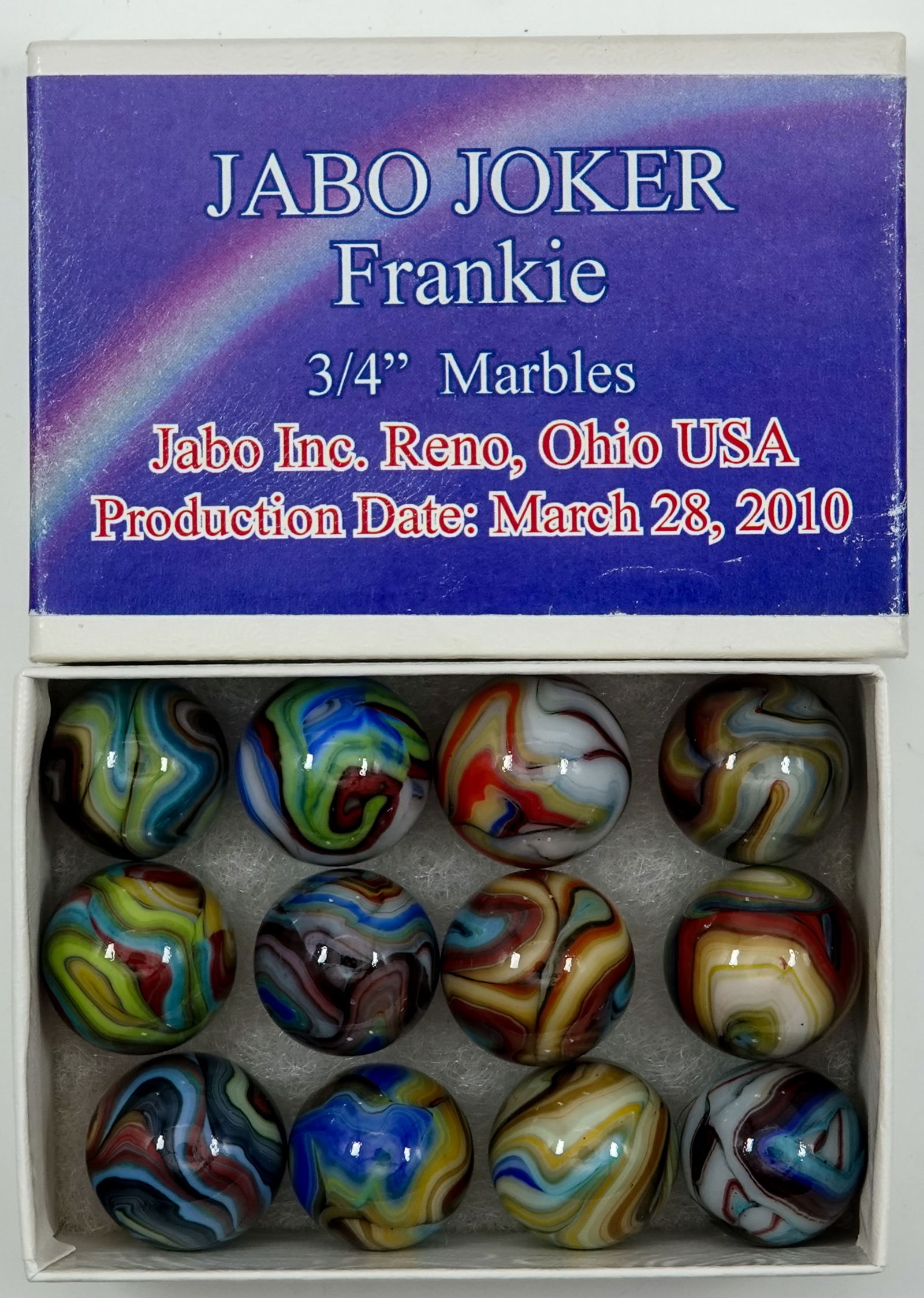 JABO/SAMMY/DAS, Jobber Box. Jabo Joker Frankie.: JABO/SAMMY/DAS, Jobber Box. Cardboard box containing twelve marbles. Box is labeled Jabo Joker Frankie 3/4" Marbles Production Date: March 28, 2010. Marbles are 23/32" to 3/4". Mint.