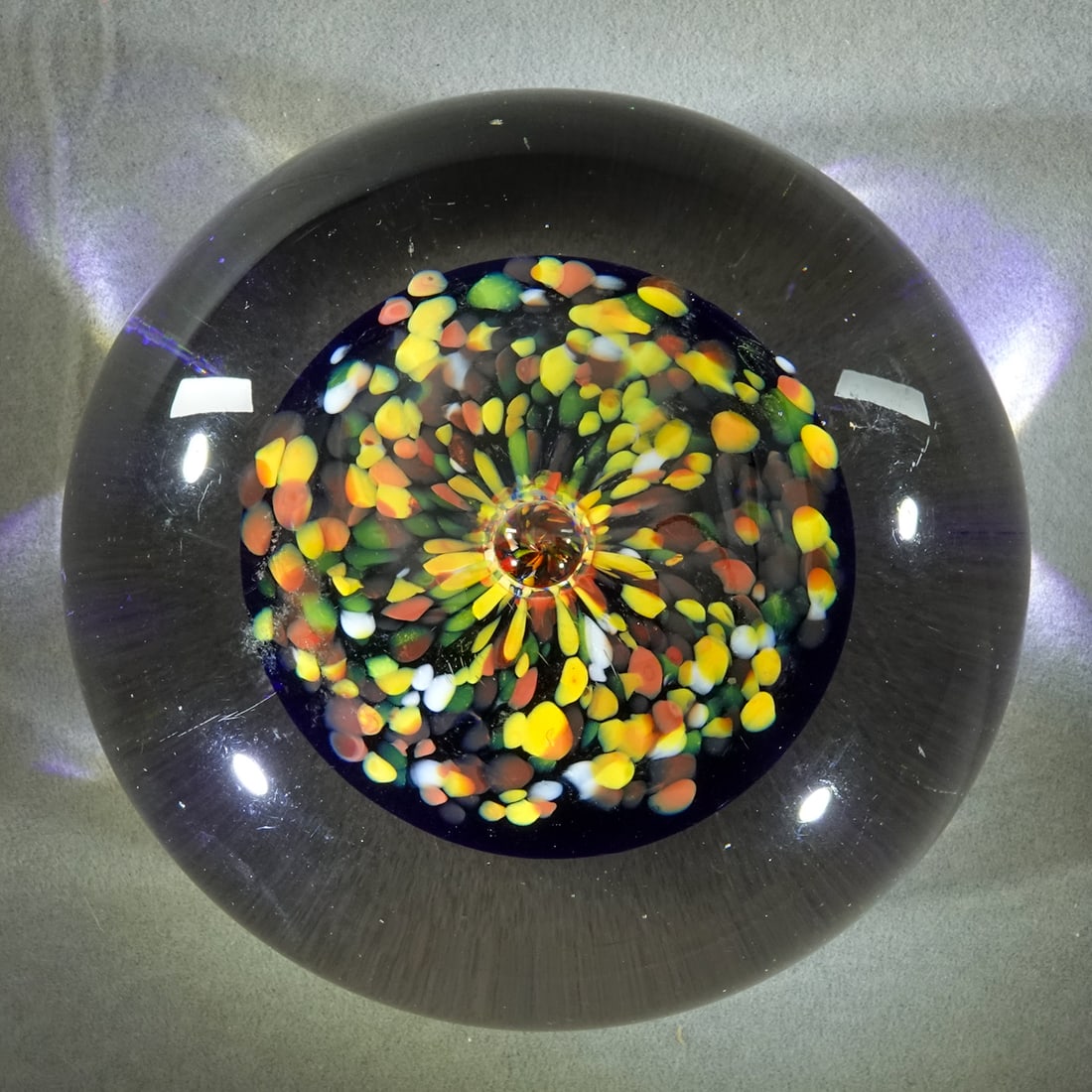 PAPERWEIGHT. 2 modern paperweights.: PAPERWEIGHT. Lot of two items. Both are modern paperweights, studio or artist unknown. See images. Larger is 3-3/4" wide, 2-1/4" high, a couple tiny basal chips. Smaller is 2-1/2" wide, 1-3/4" tall, a
