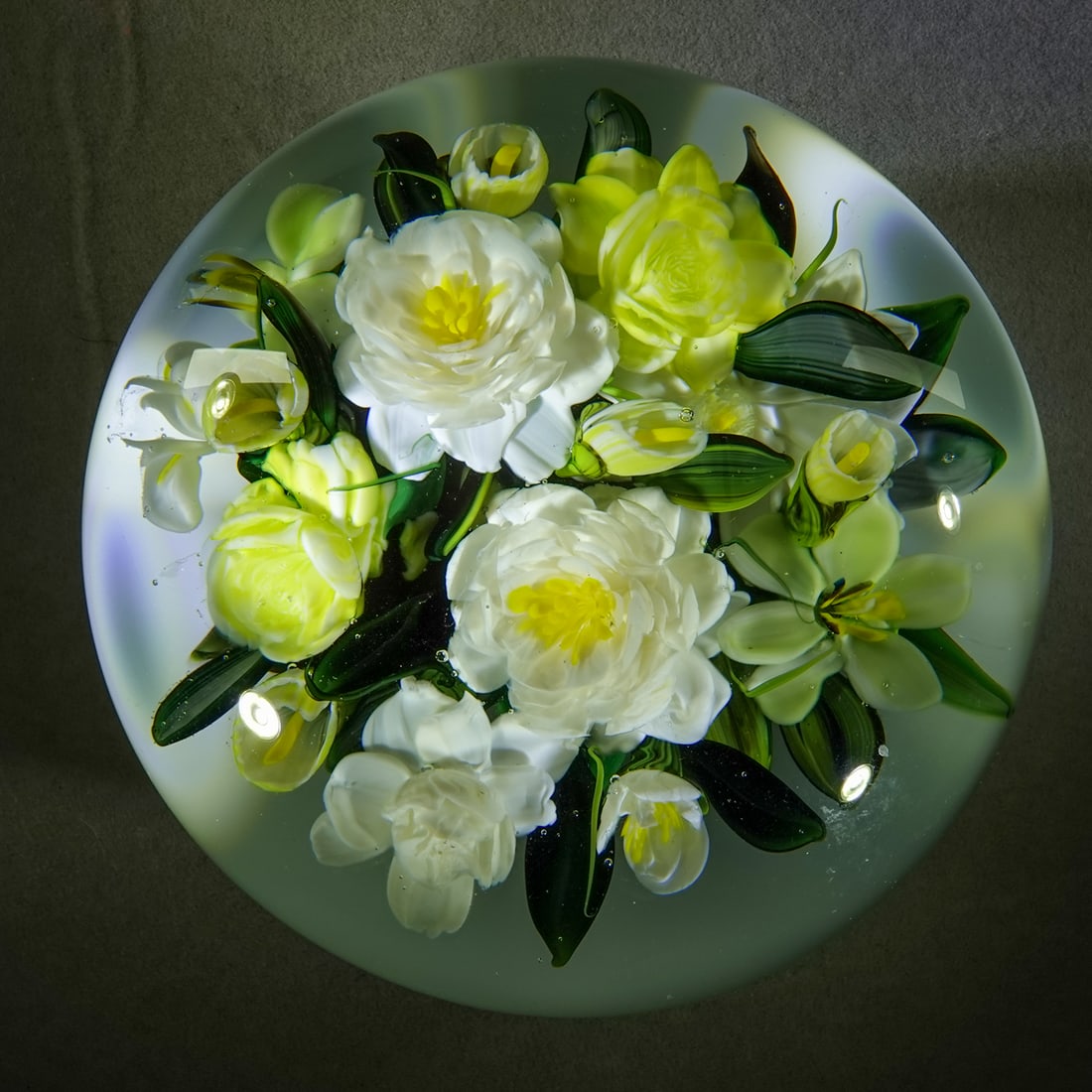 PAPERWEIGHT, Rick Ayotte. Roses.: PAPERWEIGHT, Rick Ayotte. Roses. White and yellow roses and buds with leaves on a white base. Signed "Rick Ayotte LE/25 2005 AMR". 3-3/4" wide, 2-3/4" tall .