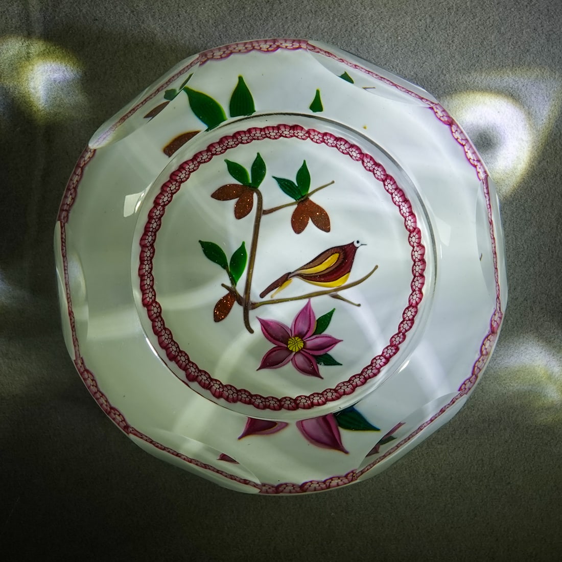 PAPERWEIGHT, Caithness.: PAPERWEIGHT, Caithness. Partridge in a Pear Tree. The pears are lutz. Etched on bottom "Caithness Partridge in a Pear Tree Scotland" and etched 102/300. 2-7/8" wide, 2" tall .