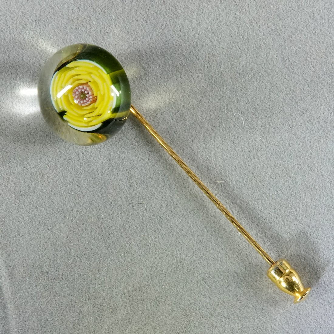 PAPERWEIGHT, JSL. Stickpin.: PAPERWEIGHT, JSL. Stickpin with a paperweight button on it. See images. Signed "JSL 1996", artist unidentified. Button is 3/4". Overall length is 2-3/4" .