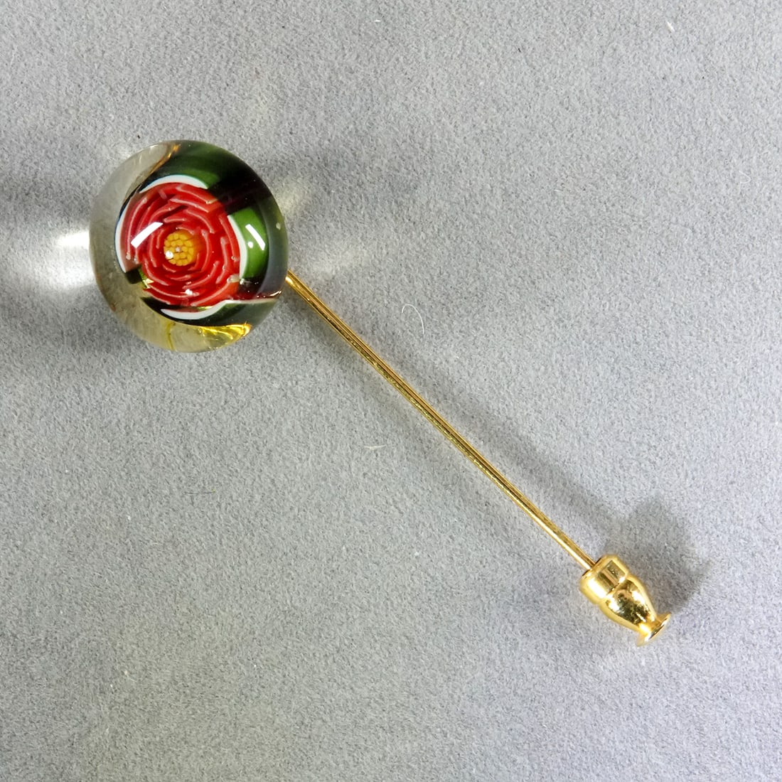 PAPERWEIGHT, JSL. Stickpin.: PAPERWEIGHT, JSL. Stickpin with a paperweight button on it. See images. Signed "JSL 1996", artist unidentified. Button is 3/4". Overall length is 2-3/4" .