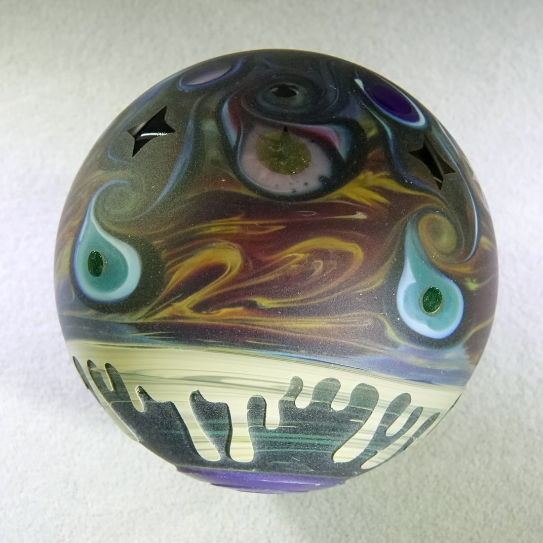 CONTEMPORARY HANDMADE, Matt McKasty. 1-9/16". Mint (9.9).: CONTEMPORARY HANDMADE, Matt McKasty. Multicolor base and cased glass, coldworked on surface into geometric patterns. Unsigned, by Matt McKasty 1-9/16". Mint (9.9).