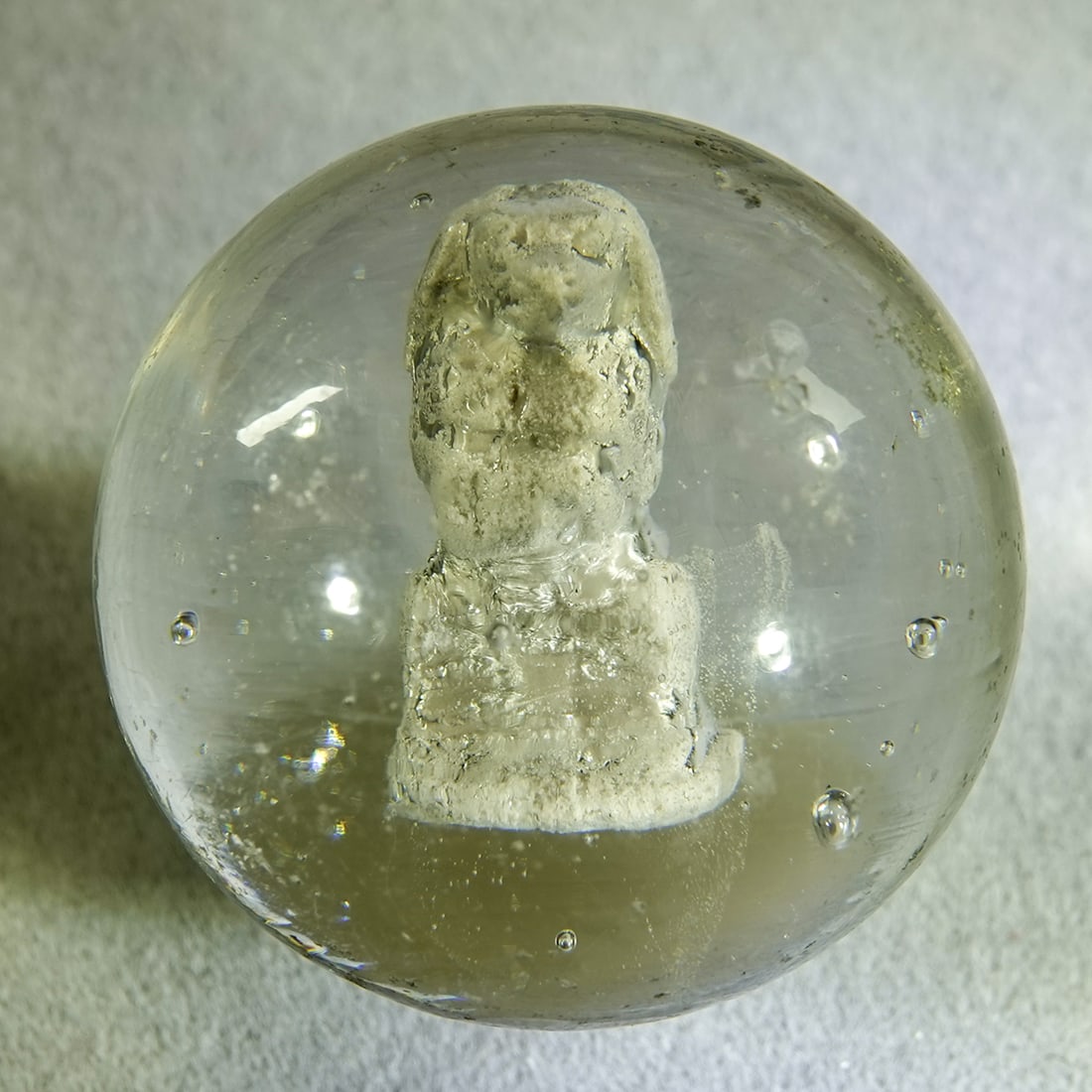 SULPHIDE. Begging Dog. 1-1/16". Near Mint(+) (8.7).: SULPHIDE. Figure is a Begging Dog. Average detail to the figure. Set a little high. No air bubbles. Good silvering. Small chip near bottom. Tiny chip and tiny rough spot on the side. Germany, circa