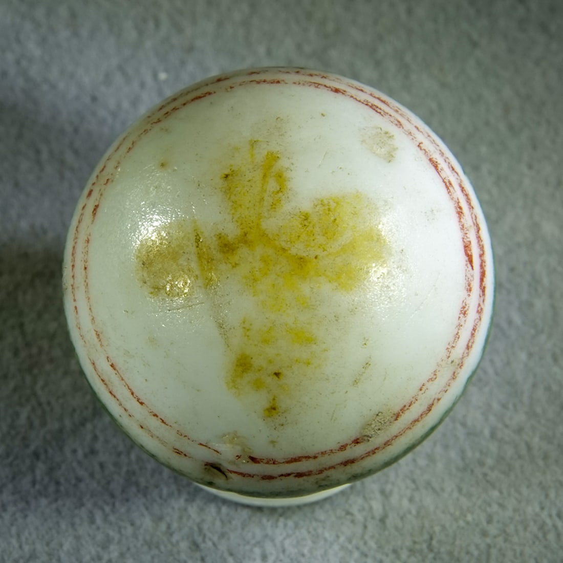 NON-GLASS HANDMADE, China. 23/32'. Mint (9.8).: NON-GLASS HANDMADE, China. Handpainted glazed China. One green band and four red bands around equator. Poles each have a yellow-painted cross that is sometimes mistakenly referred to as a Maltese