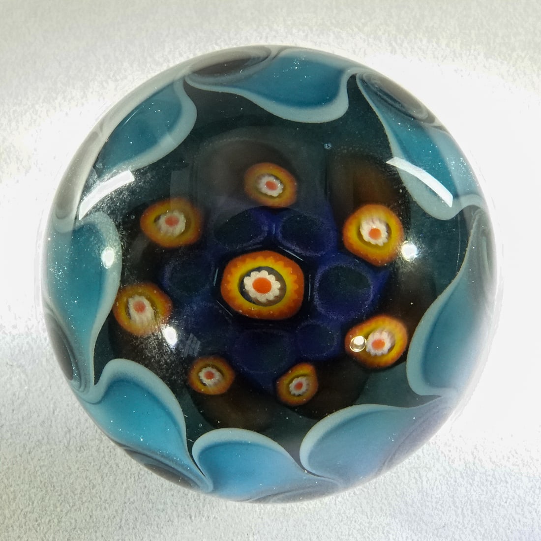 CONTEMPORARY HANDMADE, Rick Carter. 1-15/16". Mint (9.9).: CONTEMPORARY HANDMADE, Rick Carter. Murrini slices in one end and a square opal in the the other. Nice exterior abstract design. Signed "CAJUN 2013". 1-15/16". Mint (9.9).