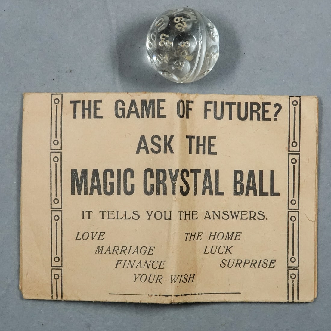 MISCELLANEOUS, Fortune Telling Marble. Czech. With Answer Key.: MISCELLANEOUS, Fortune Telling Marble. Czechoslovakian fortune telling marble with the accompanying answer key. Circa 1890-1920. Harder to find with the answer key .