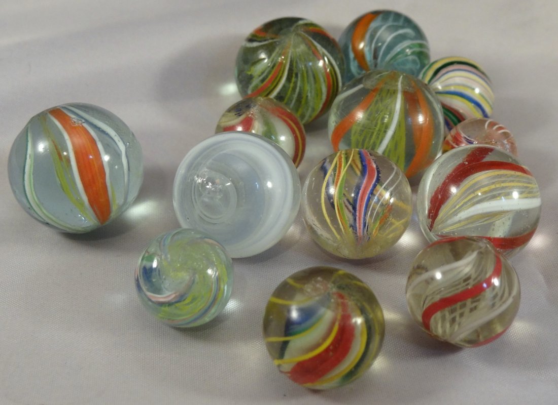 Marbles: Lot 42.  SWIRL, 13 Assorted Cores. Mint to NM (1 of 1)