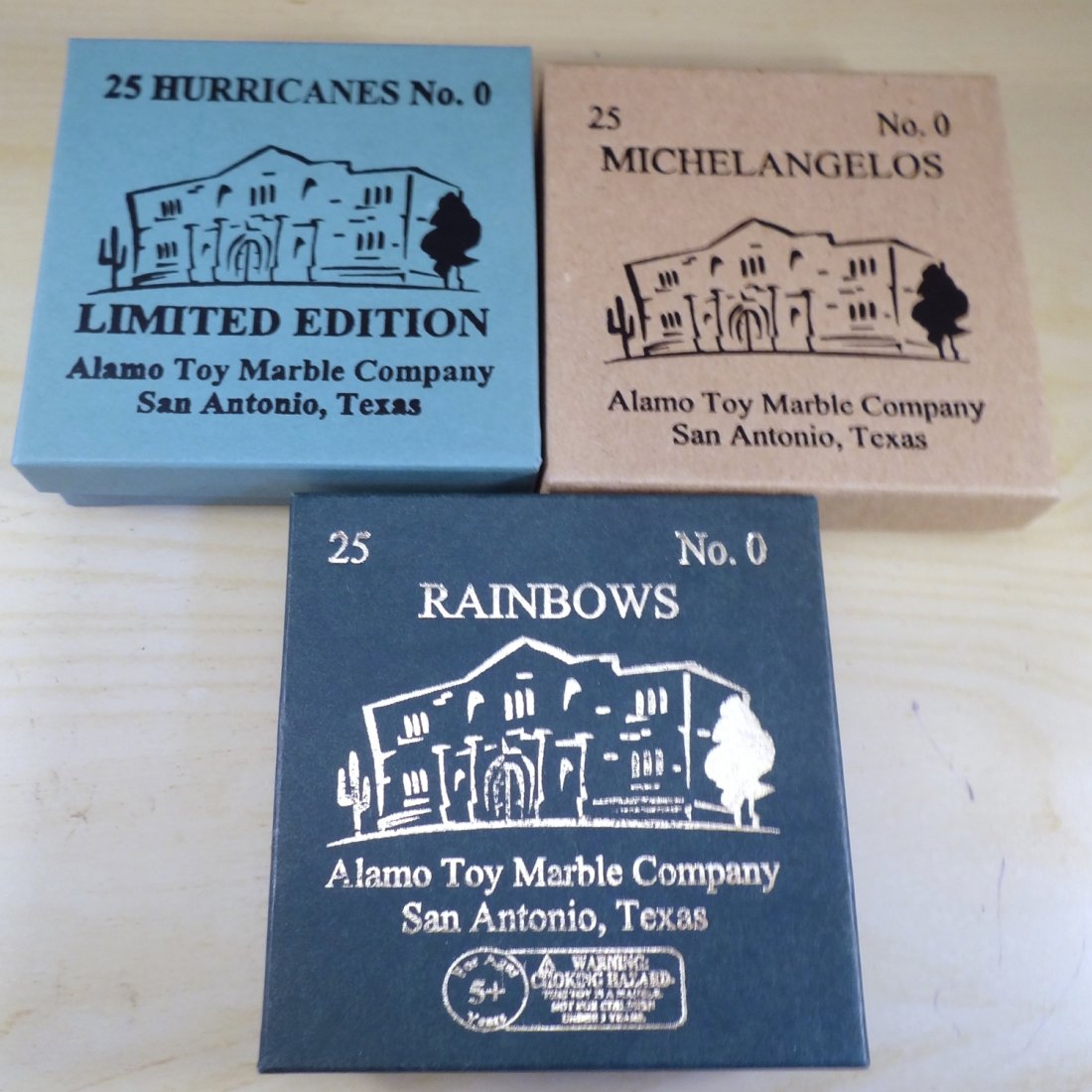 Marbles: Lot 129.  3 Alamo Marble Co boxes. (1 of 3)