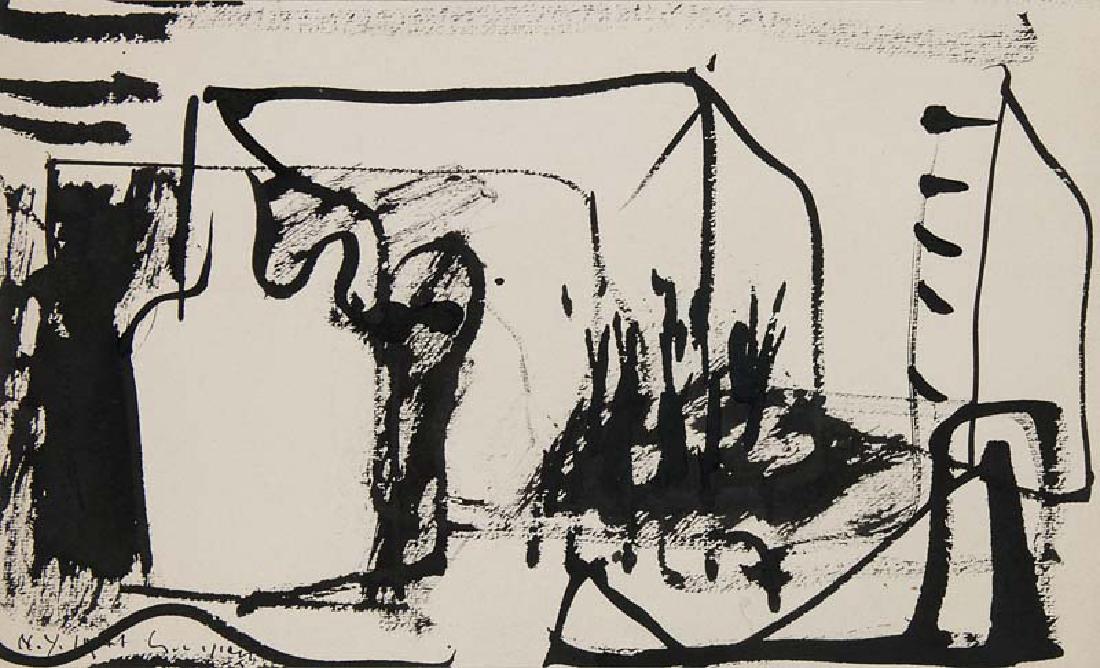 Baldessari, LucianoN.Y. 1941. Schwarze Tusche auf: Baldessari, Luciano N.Y. 1941. Schwarze Tusche auf Aquarellkarton. 18,6 x 30,8 cm. Signiert, datiert sowie später auf Unterlage signiert, datiert u. mit Widmung an Egon (Eiermann) versehen. - Verso p