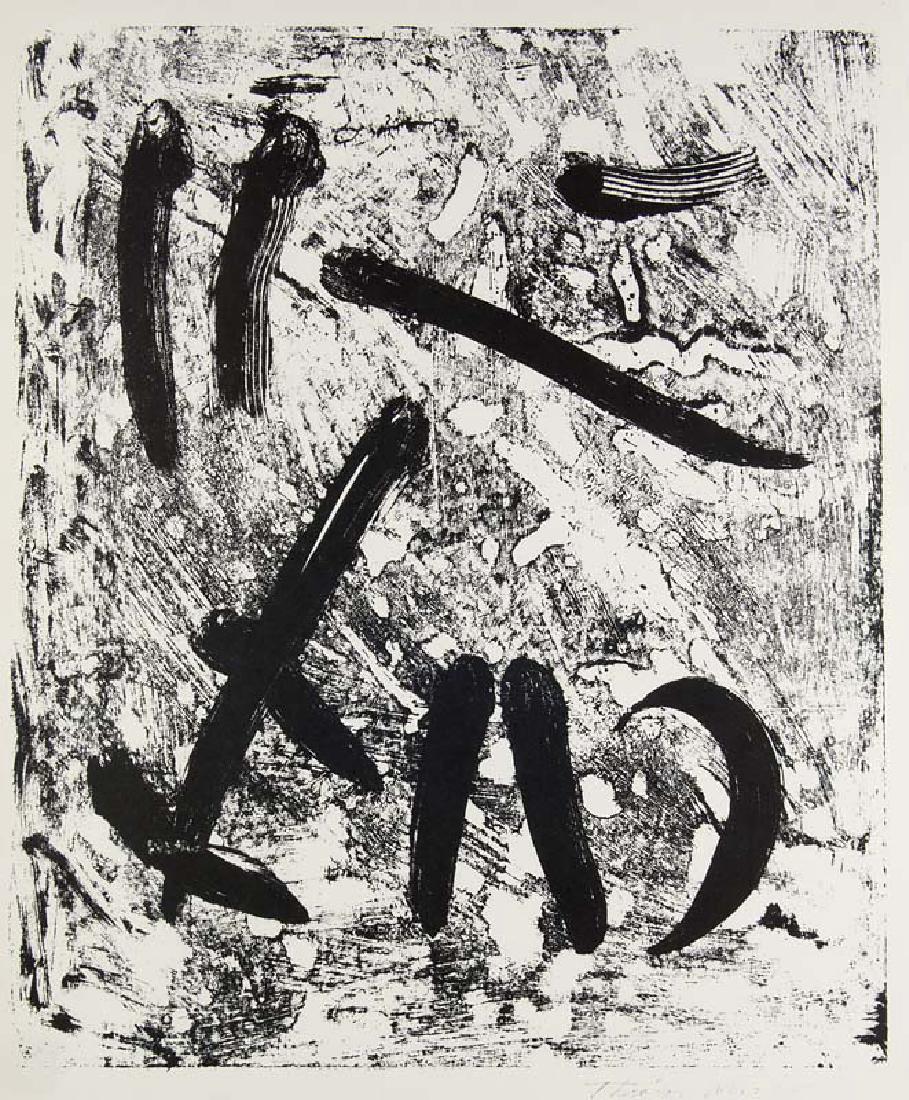 Werner, Theodor o.T. Zinklithographie in Schwarz auf: Werner, Theodor o.T. Zinklithographie in Schwarz auf Bütten. 41 x 34 cm (47,5 x 37,5 cm). Im Stein signiert. - Schwacher Bräunungsrand. Die Ecken leicht knickspurig. Dabei: Wilhelm Loth. Zinklithogr