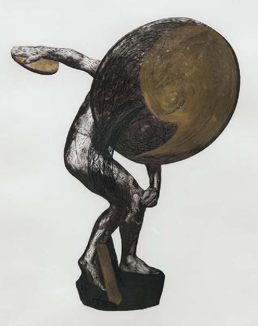 Vostell, Wolf Der Diskobol von Myron. 1989. Goldfarbe: Vostell, Wolf Der Diskobol von Myron. 1989. Goldfarbe über Radierung und Heliogravure auf Bütten. 49 x 39 cm - Plattenmaß (63 x 49 cm). Signiert, datiert und als "A.P." (Artist Proof) bezeichnet so
