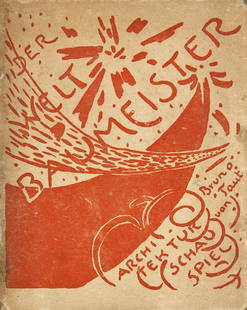 Taut,: Taut, Bruno Der Weltbaumeister. Architektur-Schauspiel für symphonische Musik. Mit zahlreichen Illustrationen von Bruno Taut. Hagen, Folkwang, 1920. 31 Bll. 8°. Illustr. OPp. in Pp.Schuber mit monti