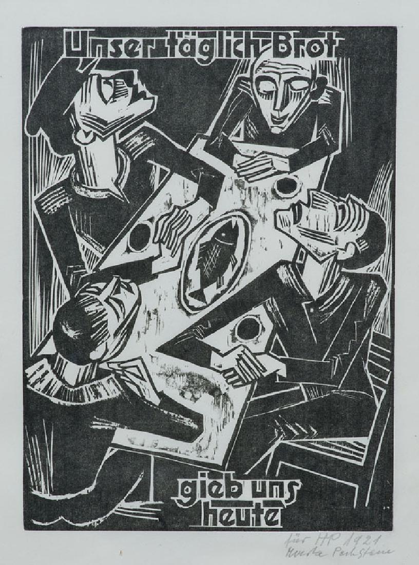 Pechstein, Hermann Max Unser täglich Brot.: Expressionismus Pechstein, Hermann Max Unser täglich Brot. Holzschnitt auf Japan. Posthumer Abzug. 40 x 29,5 cm (61,5 x 44 cm). Gewidmet "für HP 1921" u. signiert von Marta Pechstein (2. Ehe