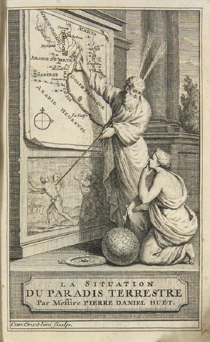 Trattato della situazione del paradiso terrestre.: Trattato della situazione del paradiso terrestre. Tradotta dalla lingua francese. Mit gest. Frontispiz von Orsolini, gestoch. Vignetten u. Faltkarte. Venedig, Albrizzi, 1737. 23 Bll., 234 SS. Ldr. d.