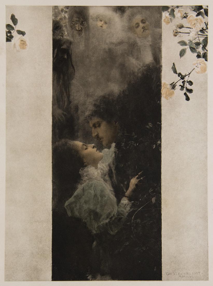 Klimt Gustav Liebe. 1895. Original Farblithographie 44: Klimt Gustav Liebe. 1895. Original Farblithographie 44 x 34 7 cm. In der Platte signiert und datiert. Aus: Gerlach's Allegorien, NF, Bl. 46. - Leicht gebräunt, rechter Außenrand etwas fleck