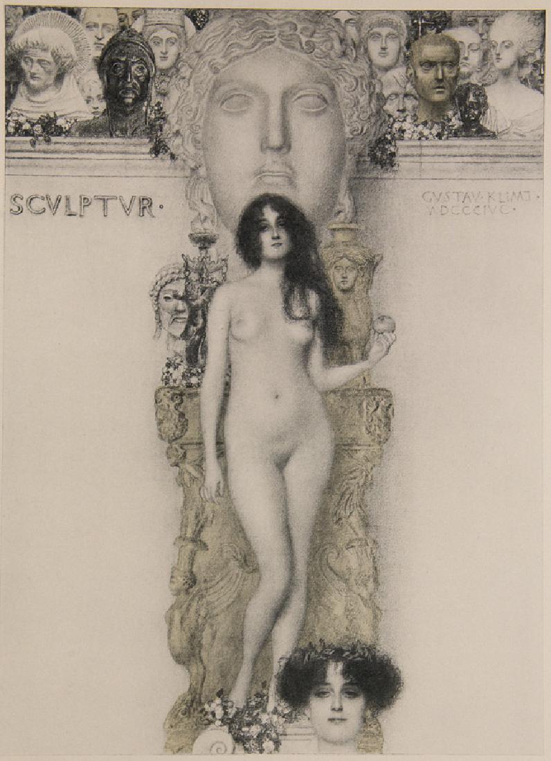 Klimt Gustav Sculptur. 1894. Original Farblithographie: Klimt Gustav Sculptur. 1894. Original Farblithographie 44 x 34 7 cm. In der Platte bezeichnet, datiert und signiert. Aus: Gerlach's Allegorien, NF, Bl. 58. - Leicht gebräunt. Jahrhundertwende