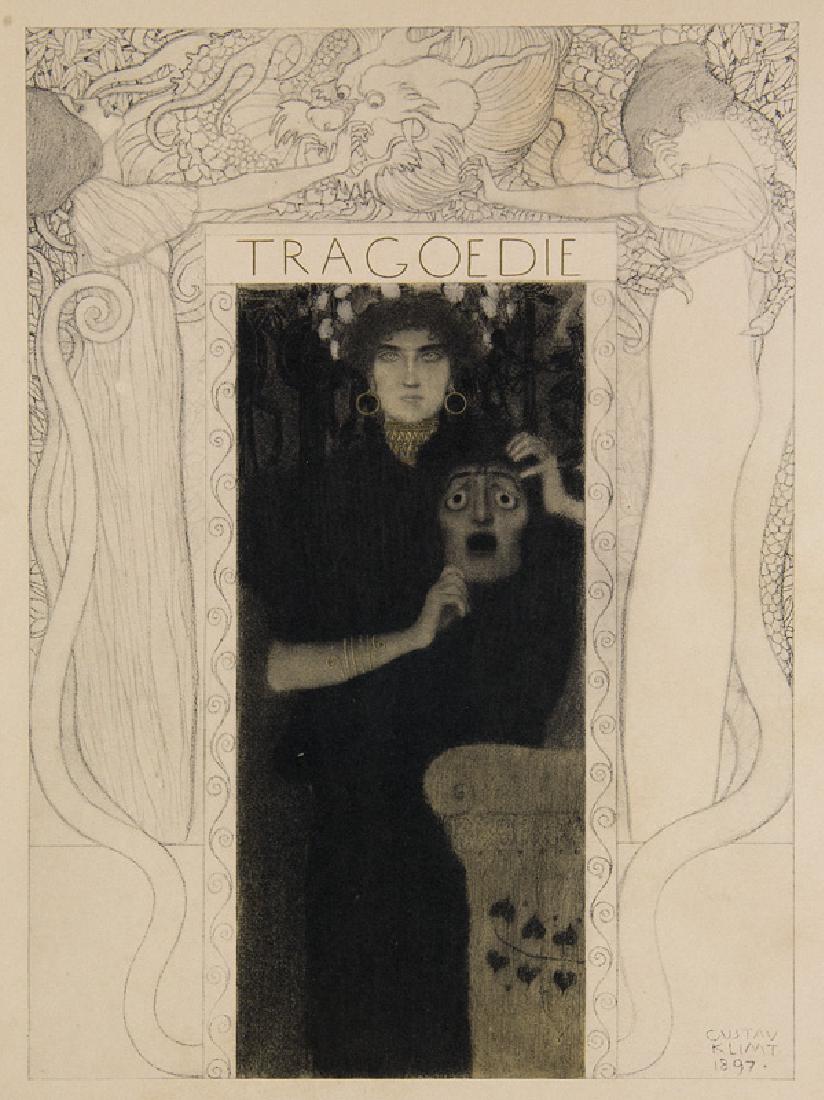 Klimt Gustav TragÖdie. 1897. Original: Klimt Gustav TragÖdie. 1897. Original Farblithographie. 44 x 34 7 cm. Im Stein signiert. Aus: Gerlach's Allegorien, NF, Bl. 66. - Leicht gebräunt. , Jahrhundertwende