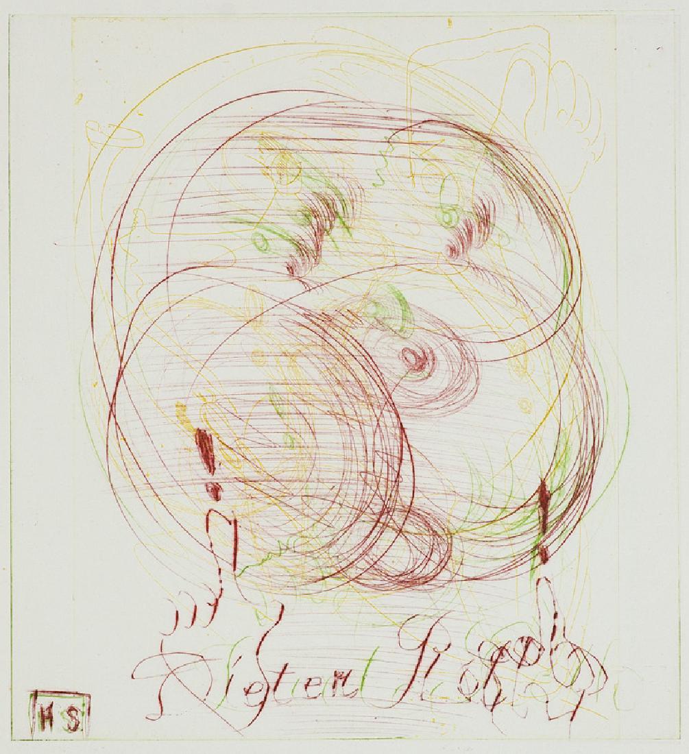 Roth Dieter Bildnis D. Roth. 1979. Farbradierung auf: Roth Dieter Bildnis D. Roth. 1979. Farbradierung auf Maschinenbütten. 30 x 27 cm (39 x 29 cm). Mit dem Pseudonym Heinrich Schwarz signiert. Dobke 443. - Eins von 160 Exemplaren der Griffelkunst-V