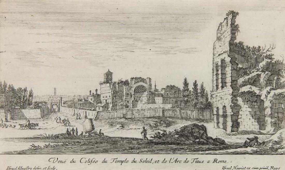 Veuë du Colisée du Temple du Soleil et de l'Arc de: Italien Veuë du Colisée du Temple du Soleil et de l'Arc de Titus a Rome. Radierung auf Bütten von Israël Silvestre bei Israël Henriet. Um 1650. Plattenmaße ca. 13 x 22 cm. Unter Passepartout und