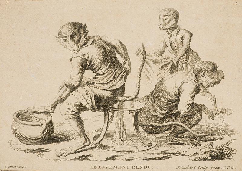 Guélard, Jean-Baptiste-Antoine Le lavement: Affen Guélard Jean-Baptiste-Antoine Le lavement donné. Le lavement rendu. 2 skatologische OKupferstiche von Affen-Szenerien nach Christophe Hüet. Um 1740. 15 x 21 cm. IFF 11 Guélar