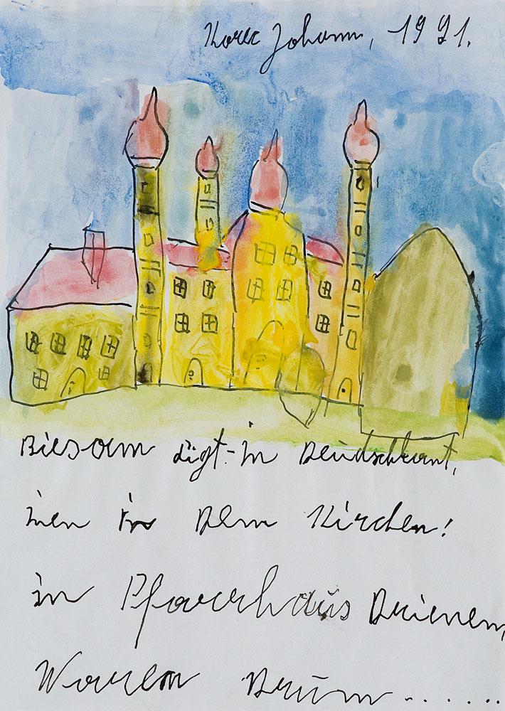 Korec, Johann Biesam ligt in Deudschlant ... 1991.: Korec, Johann Art Brut Biesam ligt in Deudschlant ... 1991. Deckfarben u. Tusche auf grauem Papier. 29,5 x 21 cm. Signiert und datiert. - Papierbedingt schwach gewellt. Beigegeben: Arnold Schmid. Drei