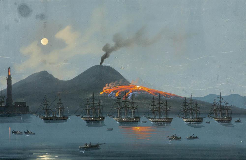 Nächtlicher Ausbruch des Vesus mit Hafen und Leuchtturm (1 of 1)