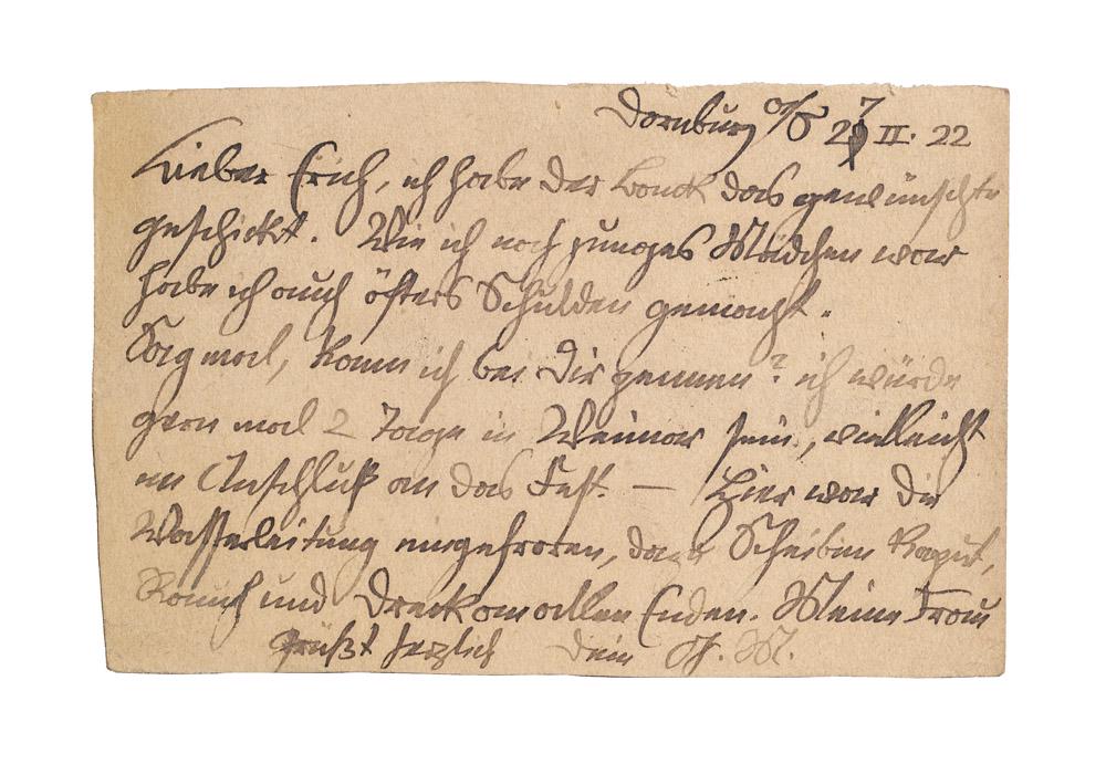 Marcks, Gerhard Eigenhändige Postkarte mit: Marcks, Gerhard Eigenhändige Postkarte mit Unterschrift (Monogramm) des Bildhauers an den Möbeldesigner Erich Dieckmann (1896-1944) in Weimar. Dornburg, 27. Feb. 1922. Frankiert und gelaufen