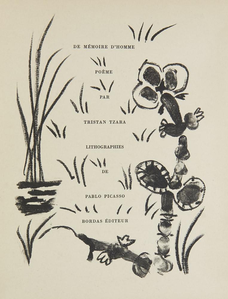 Tzara, Tristan De mémoire d'homme. Poème.: Pablo Picasso Tzara, Tristan De mémoire d'homme. Poème. Lithographies de Pablo Picasso. Mit 9 großformatigen Lithographien (einschl. Titel) von Pablo Picasso. (Paris,) Bordas, (1950). 1