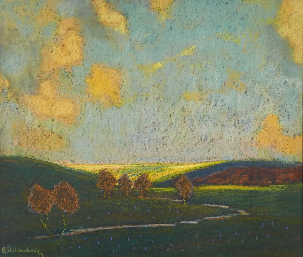 Achenbach, Gabrielle Märkischer See. Pastellkreide: Jahrhundertwende Achenbach, Gabrielle Märkischer See. Pastellkreide auf Papier. 44 x 51 cm. Signiert. Unter Glas gerahmt (ungeöffnet). - Wohlerhalten. Gabrielle Achenbach studierte an d. ren