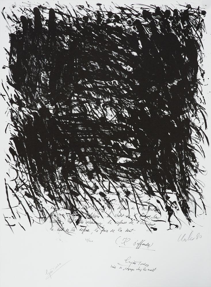 Uecker, Günther o.T. 1980. - Gemeinschaftsarbeit: Uecker, Günther ZERO o.T. 1980. - Gemeinschaftsarbeit von Günther Uecker u. Eugene Ionesco. - Lithographie auf BFK Rives-Bütten. 65 x 58 cm (84 x 59,5 cm). Signiert, datiert und nummeri