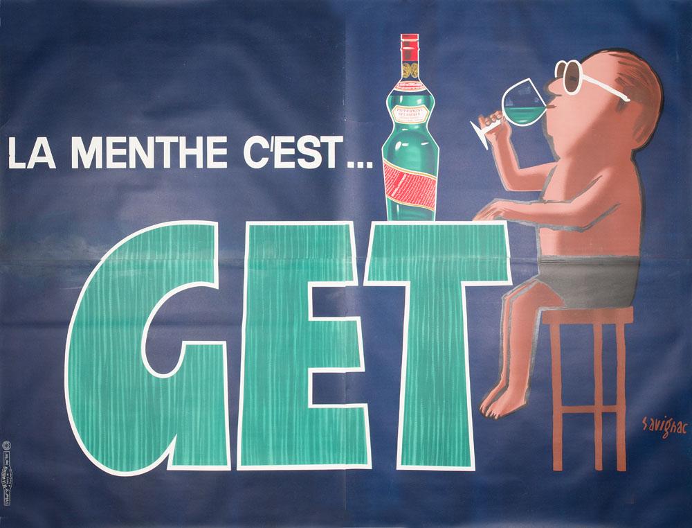 Savignac, Raymond (Paris 1907 - 2002 Trouville) La: PlakateSavignac, Raymond (Paris 1907 - 2002 Trouville)La Menthe C'est GET (homme). Farb. lithographisches Plakat (in zwei Teilen). Gedruckt bei Vasselais, Paris, 1965. Zsm. 2,40 m x 3,20 m. 2x2 Teile 