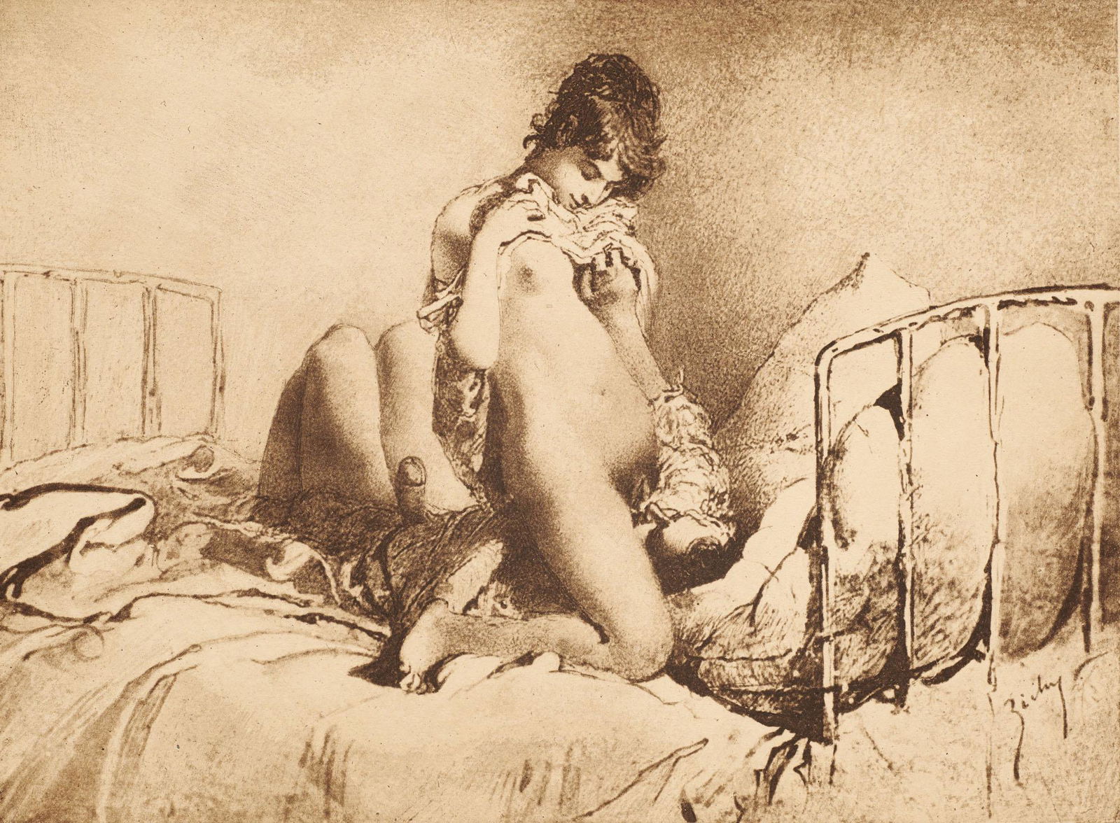 Michael von Zichy Liebe. Vierzig Zeichnungen.: Erotica - Curiosa Zichy, Michael von Liebe. Vierzig Zeichnungen. Privatdruck. 40 Tafeln in braungetöntem Kupfertiefdruck. Leipzig, 1911, Qu.-Fol. 4 Bll., Original Halbpergament mit Rücken- u