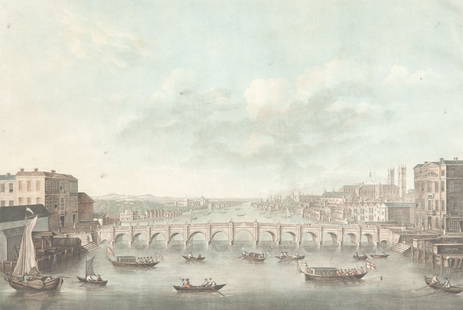 Pierre Michel Alix Vue du Pont de Westminster. (Paris),: Alix, Pierre Michel Vue du Pont de Westminster. (Paris), 1799. Kolorierte Aquatinta-Radierung. Sichtmaß ca. 45 x 63 cm. Dekorativ unter Glas gerahmt (ungeöffnet). In der Velegeradresse bezeichne