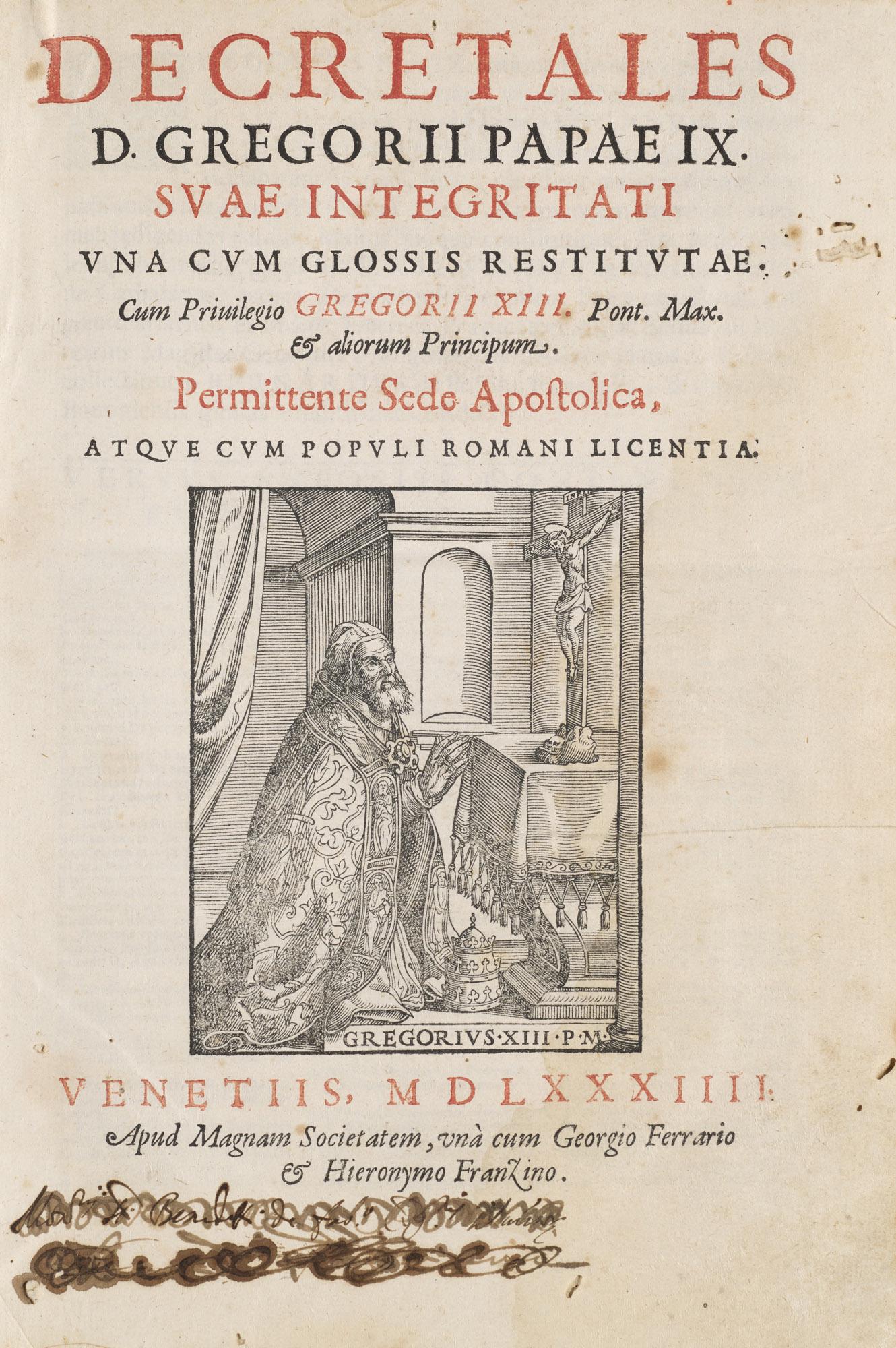 Gregor IX Decretales suae integritati. Una cum glossis restitutae. Mit Titelholzschnitt u. 2 gr. (1 of 1)