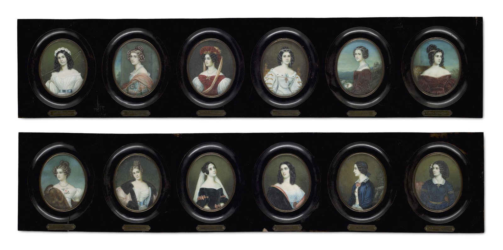 Slg. Porträtminiaturen: Kraft Sammlung von 12 Miniatur-Porträtmalereien. Spätes 19. Jh. Je Gouache auf Bein. Sichtmaß je 9,5 x 7,5 cm. Je signiert. In zwei Holzrahmen unter Glas gerahmt (ungeöffnet). Coll