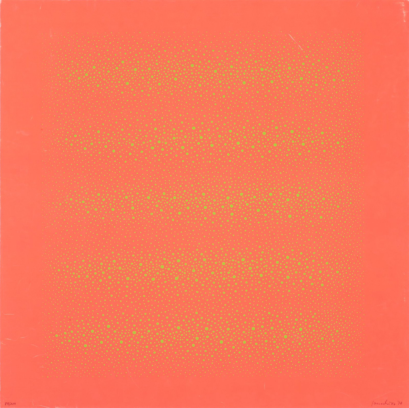 Kuno Gonschior o.T. 1970. Farbserigraphie auf festem Velin. 50 x 50 cm (50 x 50 cm). Mit Bleistift: Gonschior, Kuno o.T. 1970. Farbserigraphie auf festem Velin. 50 x 50 cm (50 x 50 cm). Mit Bleistift signiert, datiert u. nummeriert. - Mit diversen Kratzspuren und verso mit Spuren der vorherigen Mont