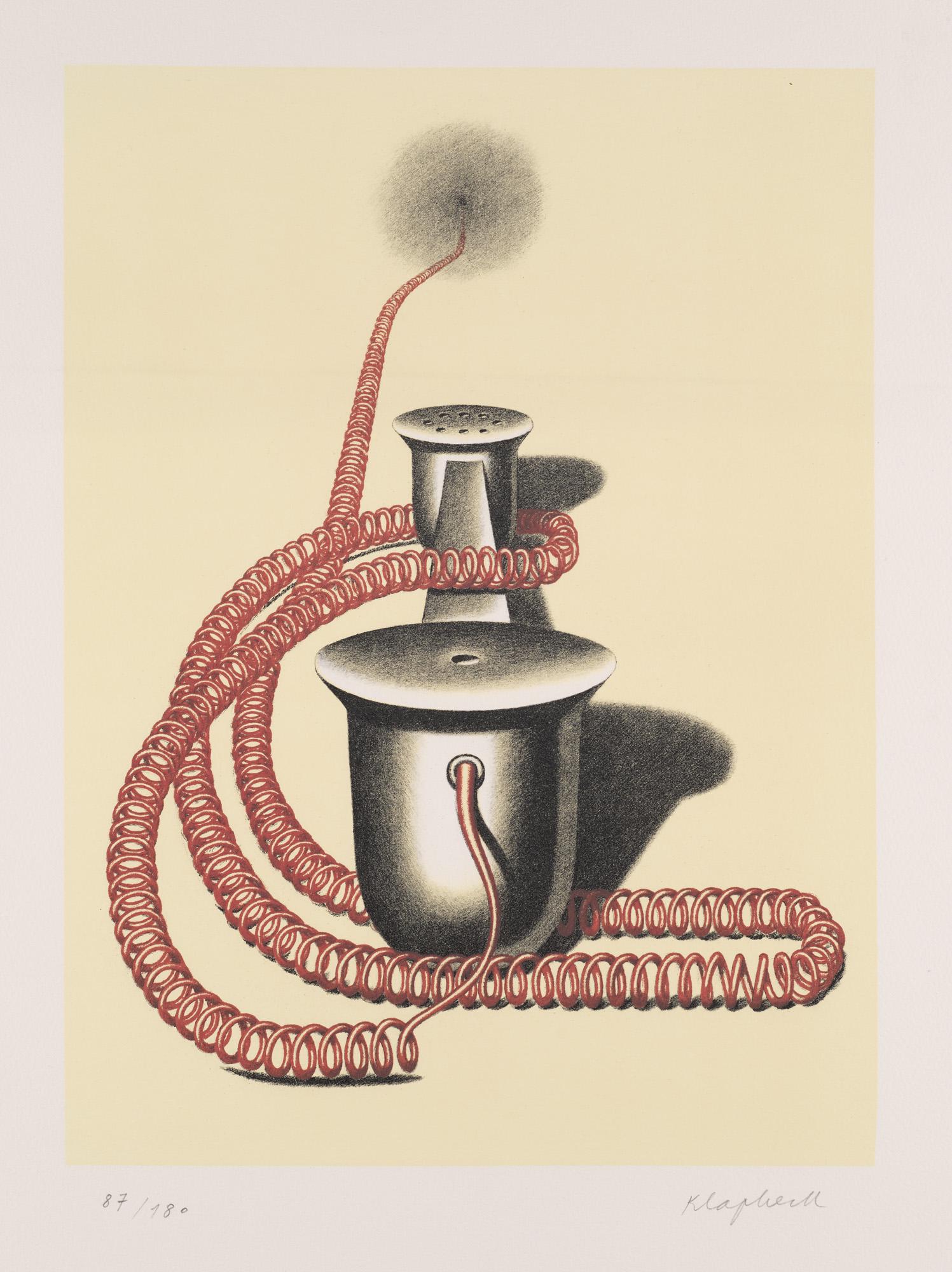 Konrad Klapheck Der Auserwählte. 1981. Farblithographie auf chamoisfarbenem Vélin. 37,5 x: Klapheck, Konrad Der Auserwählte. 1981. Farblithographie auf chamoisfarbenem Vélin. 37,5 x 27,5 cm (54 x 41 cm). Signiert und nummeriert. - Ausgesprochen prachtvoller Druck mit satten und fr