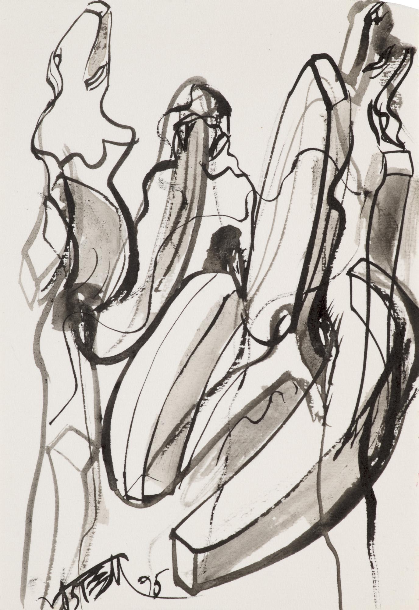 Wolf Vostell 3 Gracias. 1995. Federzeichnung und Tusche auf starken Velin. 18 x 12,5 cm (18 x 12,5: Vostell, Wolf 3 Gracias. 1995. Federzeichnung und Tusche auf starken Velin. 18 x 12,5 cm (18 x 12,5 cm). Signiert und datiert. Verso mit Widmung und betitelt. - Am rechten oberen Rand mit marginalen A