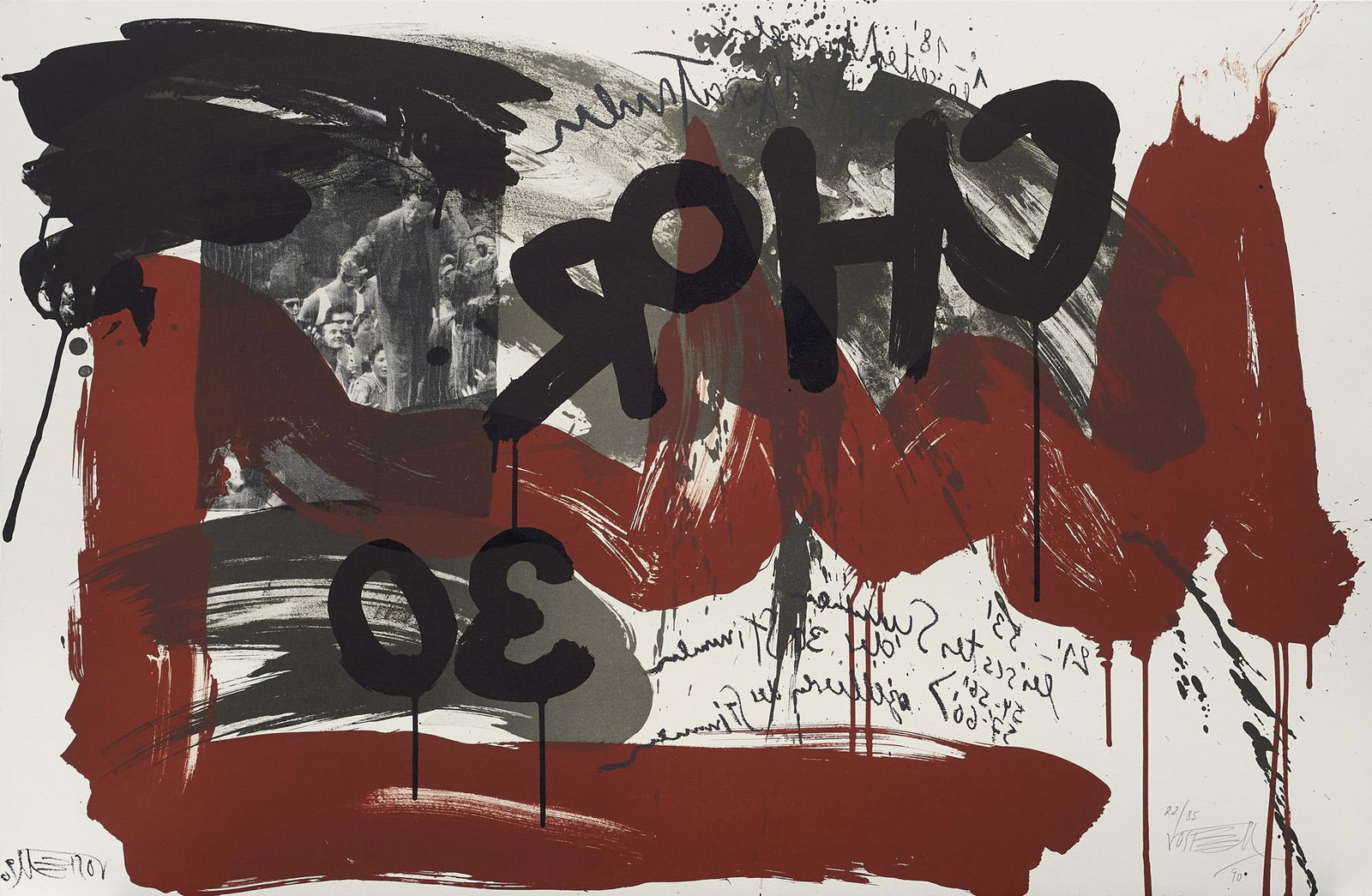 Wolf Vostell 2 Arbeiten aus: Le Cri.. 1990. Je Farblithographie auf chamoisfarbenem Arches (mit dem: Vostell, Wolf 2 Arbeiten aus: Le Cri.. 1990. Je Farblithographie auf chamoisfarbenem Arches (mit dem Wasserzeichen). Blattmaße je 65 x 100 cm. Je signiert, datiert nummeriert sowie zus. im Stein