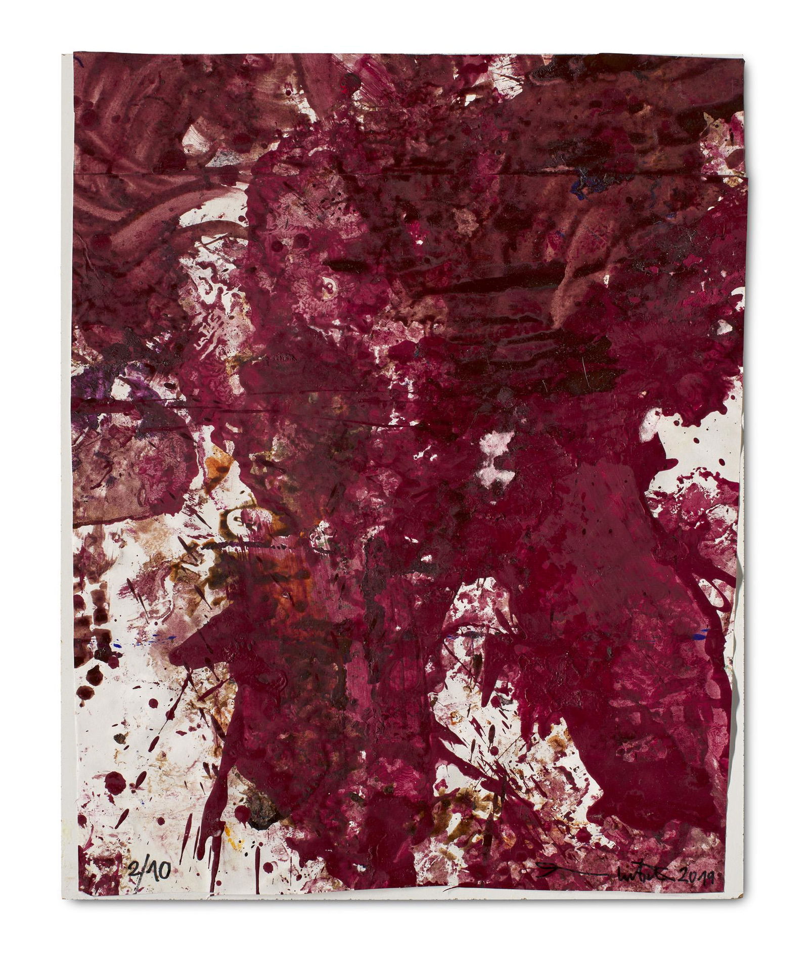 Hermann Nitsch Schüttbild. 2019. Serielles Unikat aus Mischtechnik mit Acryl auf Vélin,: Wiener Aktionismus Nitsch, Hermann Schüttbild. 2019. Serielles Unikat aus Mischtechnik mit Acryl auf Vélin, aufgezogen auf weiß lackierter Holzplatte. 52 x 42 cm (52 x 42 cm). Signiert,