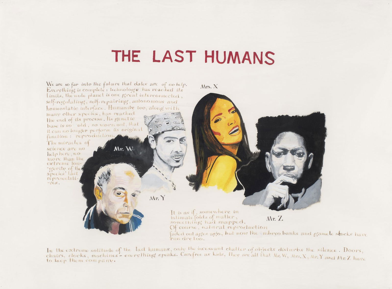 Gilles Barbier The last humans. 2009. Gouache auf Bütten. 56,5 x 76 cm. Verso mit Bleistift: Barbier, Gilles The last humans. 2009. Gouache auf Bütten. 56,5 x 76 cm. Verso mit Bleistift datiert. Punktuell auf Unterlage montiert und hinter Glas gerahmt. - In den Ecken mit kleinen Einstich
